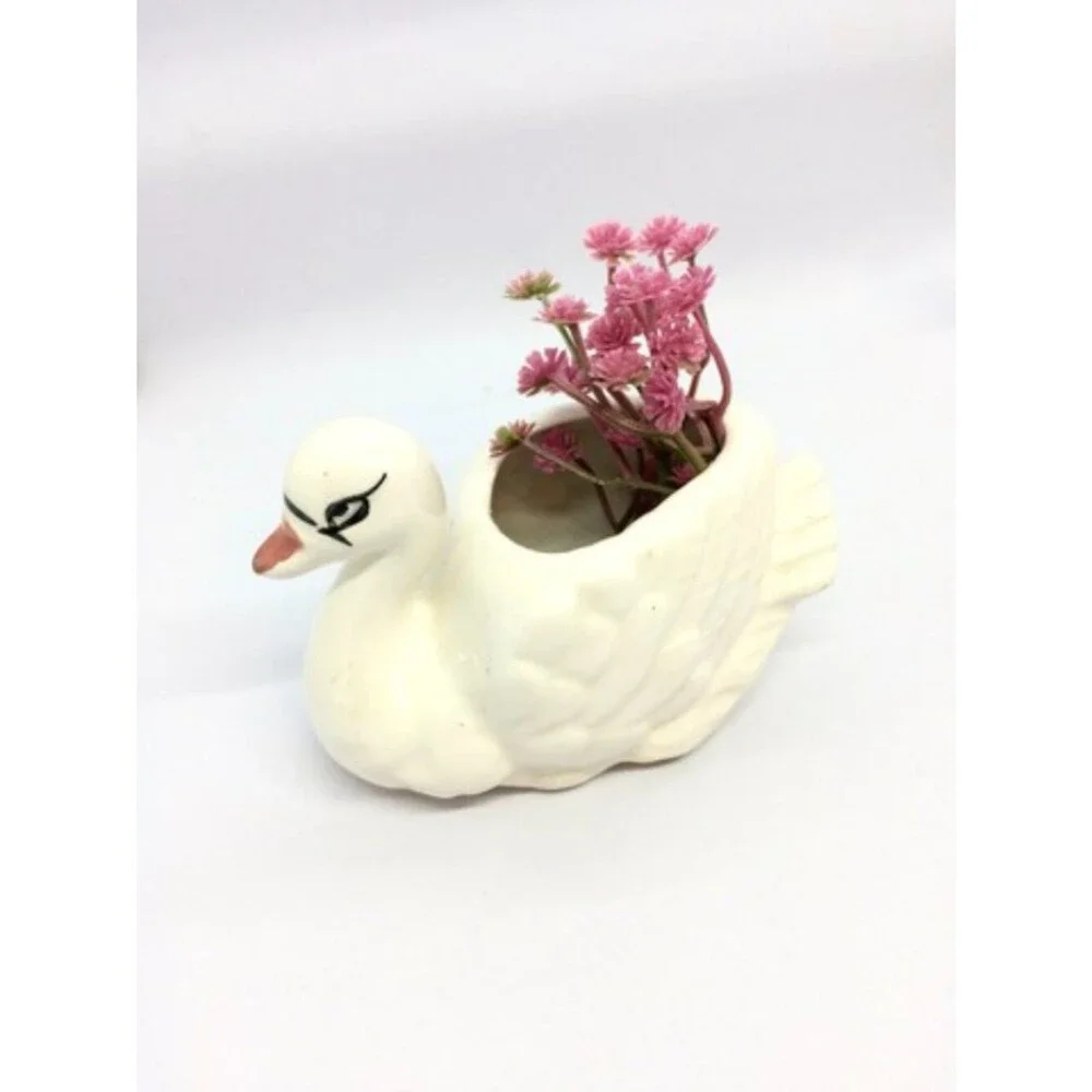 VINTAGE SWAN PLANTERS White Ceramic Pair Made In Japan MCM Bird Figurines
